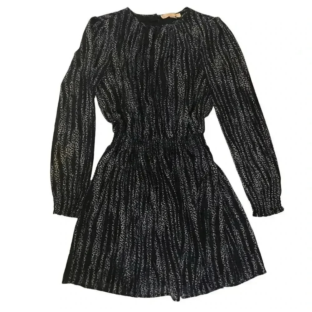Michael Kors Navy Blue and White Striped Long Sleeve Chiffon Dress Size M